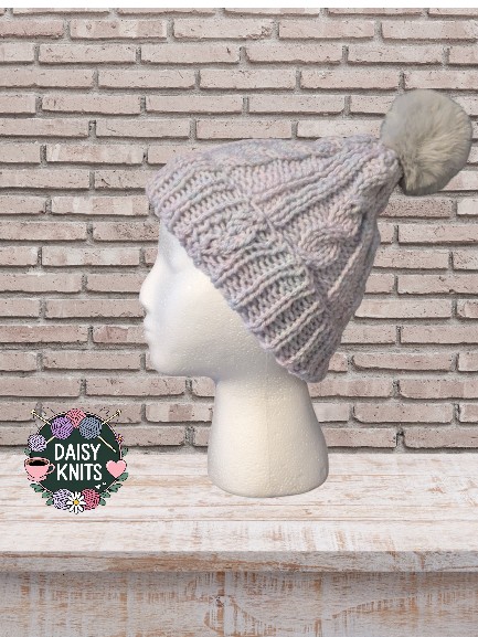 Hand Knitted Hat, Ladies Cable Hat, Pom Pom Hat