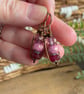 Ruby and Pink Czech Glass Earrings. Petite Wire Wrapped Antiqued Brass Earrings - Image 6