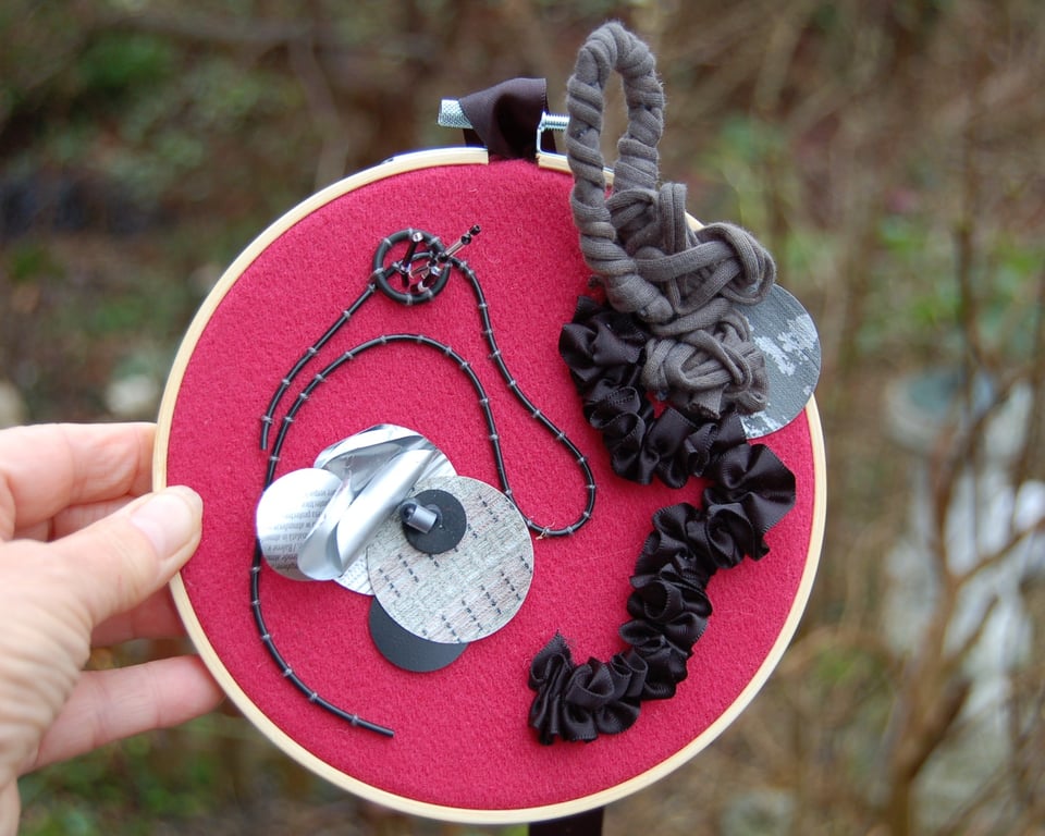 Upcycled Hoop Art - Abstract Textured Design - Curved Dance Macabre 