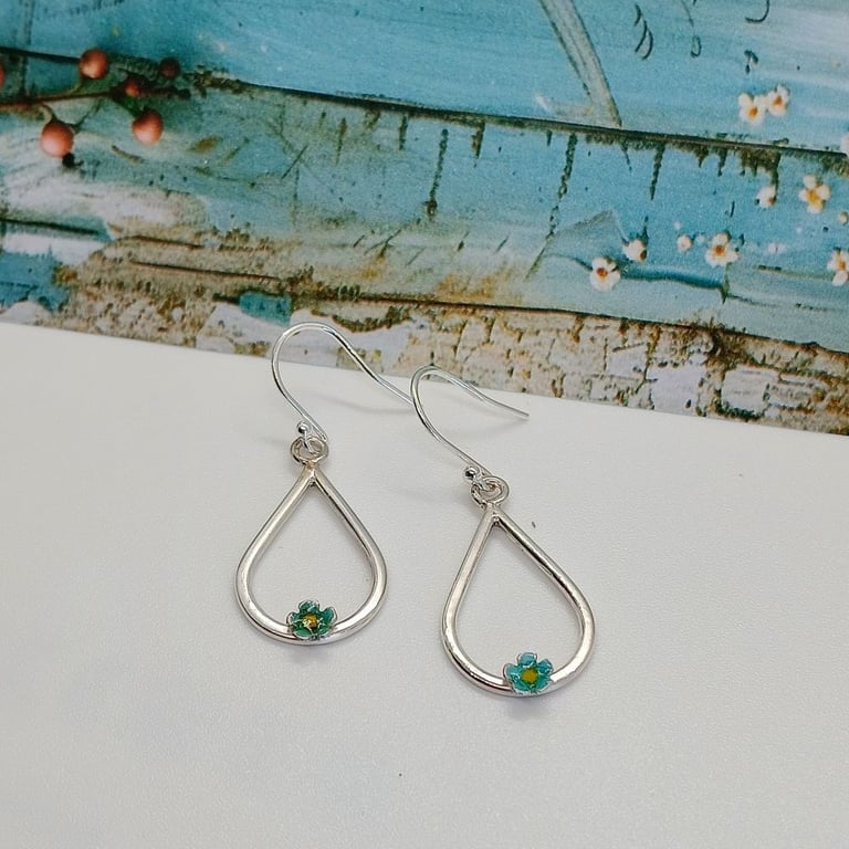 Sterling silver forget me not earrings glass enameled ,  Raindrop silver earring