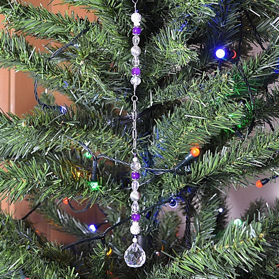 Suncatcher – Purple, Clear, and Silver, with Chain and Crystal Drop