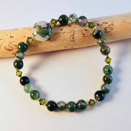 Moss Agate Bracelet With Green Swarovski Crystals - Handmade In Devon