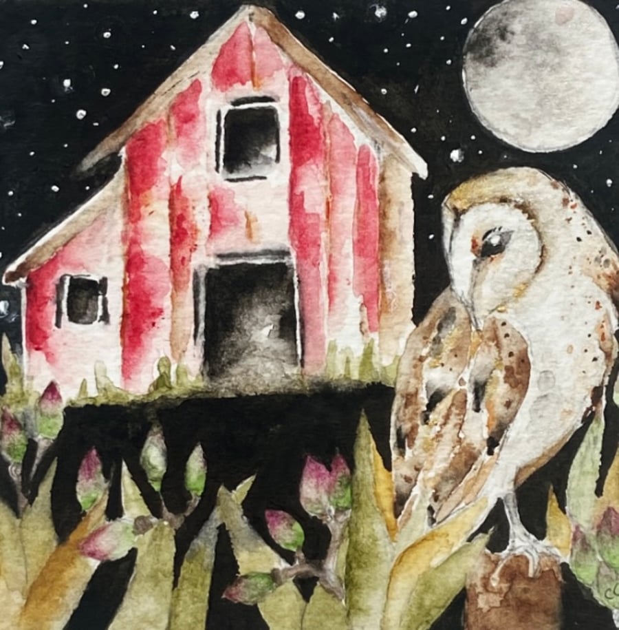 Mounted Original Celestial Barn Owl Whimsical Watercolour Art Wall Decor