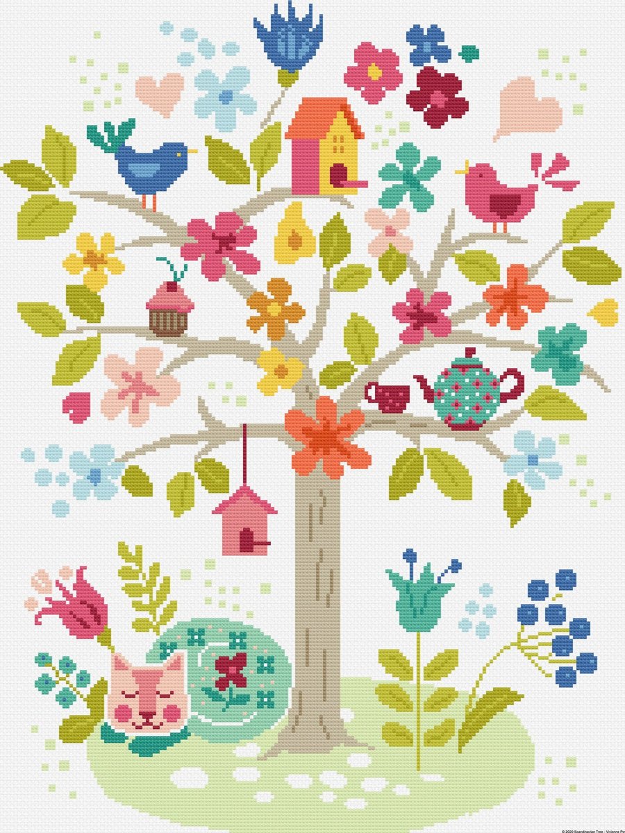 146 Cross Stitch Pattern Nordic Tree & Cheshire Cat Tea Party and Birds