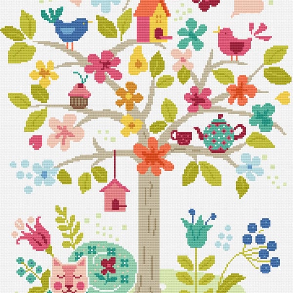 146 Cross Stitch Pattern Nordic Tree & Cheshire Cat Tea Party and Birds