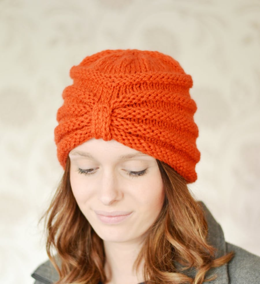 Hat Turban style beanie hat knitted in Russet