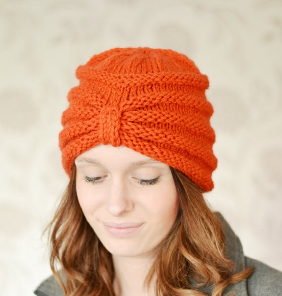 Hat Turban style beanie hat knitted in Russet