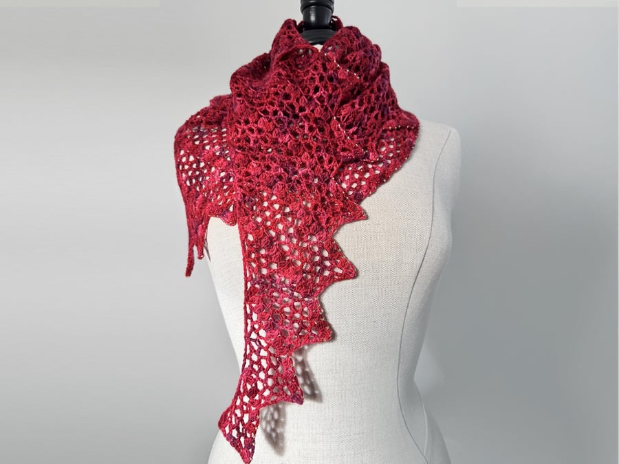 Red Crochet Shawl with gold beads.