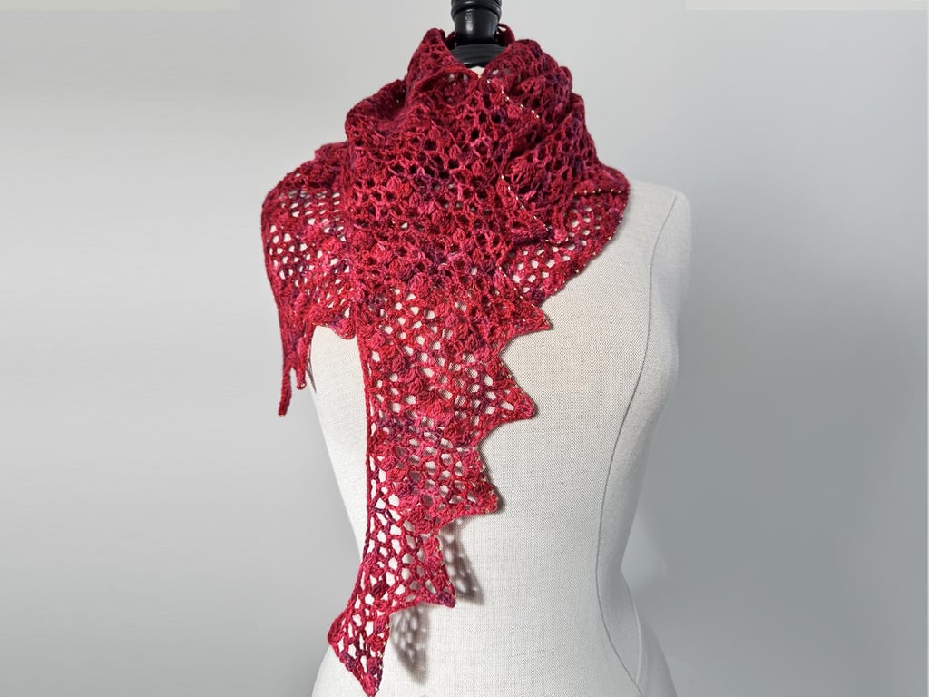 Red Crochet Shawl with gold beads.