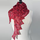 Red Crochet Shawl with gold beads.