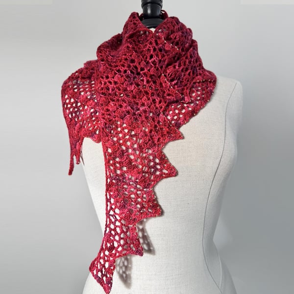 Red Crochet Shawl with gold beads.