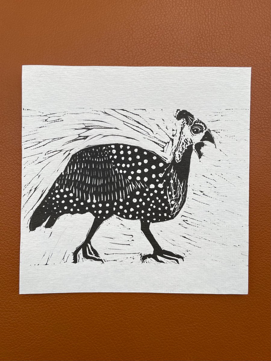 Guineafowl Linocut Print on Khadi Paper Wall Art