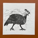 Guineafowl Linocut Print on Khadi Paper Wall Art