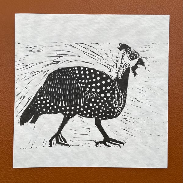 Guineafowl Linocut Print on Khadi Paper Wall Art