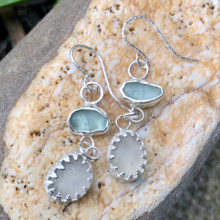 Pale Aqua & White Sea Glass Sterling Silver Double Drop Earrings - 1178