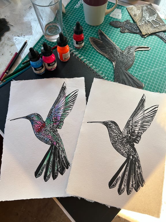 Linocut Hummingbird Print – A4 Khadi Cotton Rag Paper (Hand Colored Option)