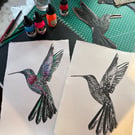 Linocut Hummingbird Print – A4 Khadi Cotton Rag Paper (Hand Colored Option)