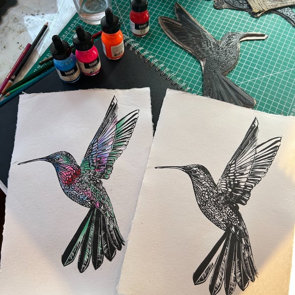 Linocut Hummingbird Print – A4 Khadi Cotton Rag Paper (Hand Colored Option)