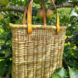 Rush Shopping Basket with English Leather Handles Handmade in Cornwall - 685