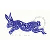 Original lino cut print "Spiral Rabbit in Blue"