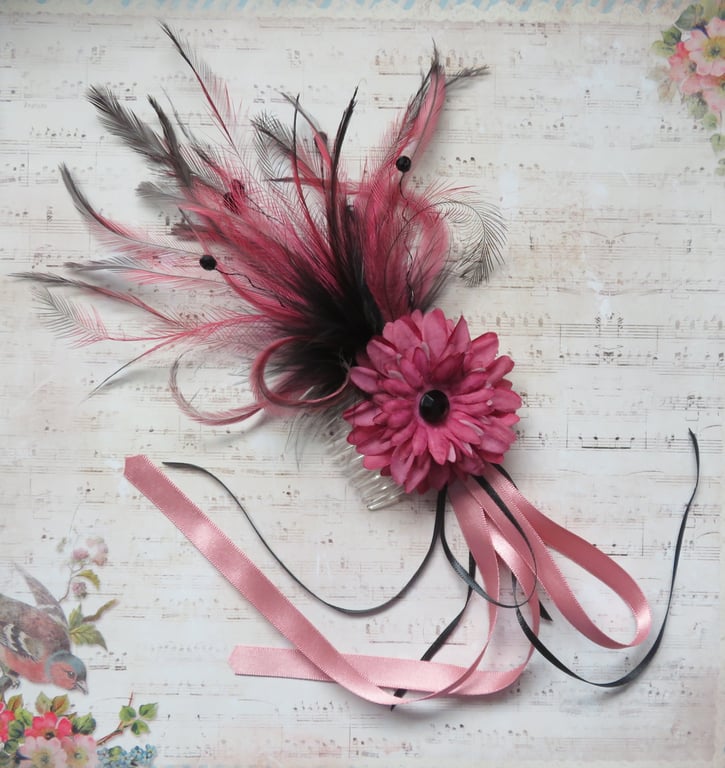 Antique Rose Pink & Black Regency Feather Plume Fascinator Floral Hair Comb