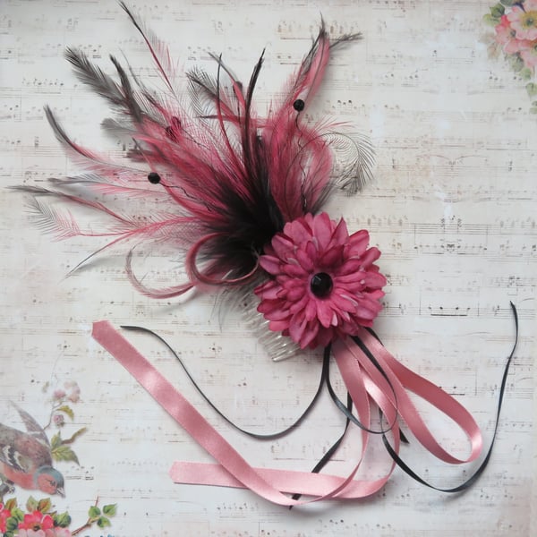 Antique Rose Pink & Black Regency Feather Plume Fascinator Floral Hair Comb