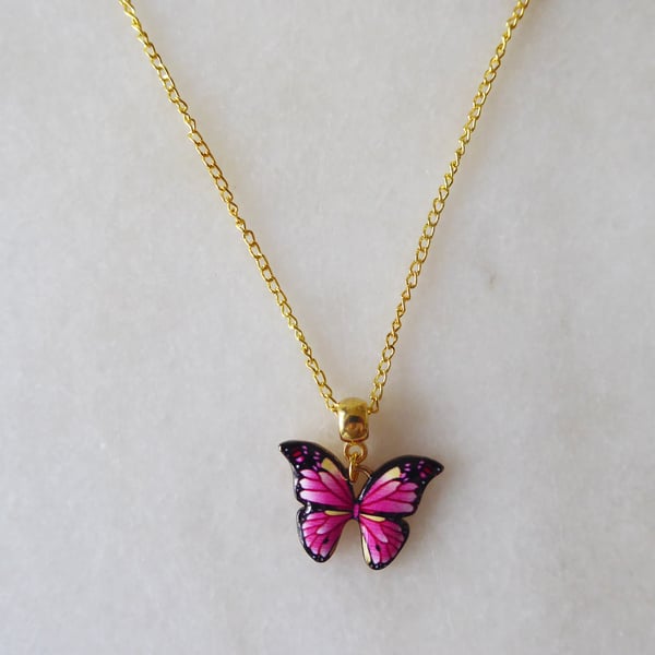 Pink Butterfly Pendant with gold plated Chain