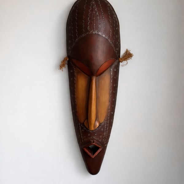 Vintage African Ceremonial Mask Large Hand-Carved Wooden Wall Art 78cm