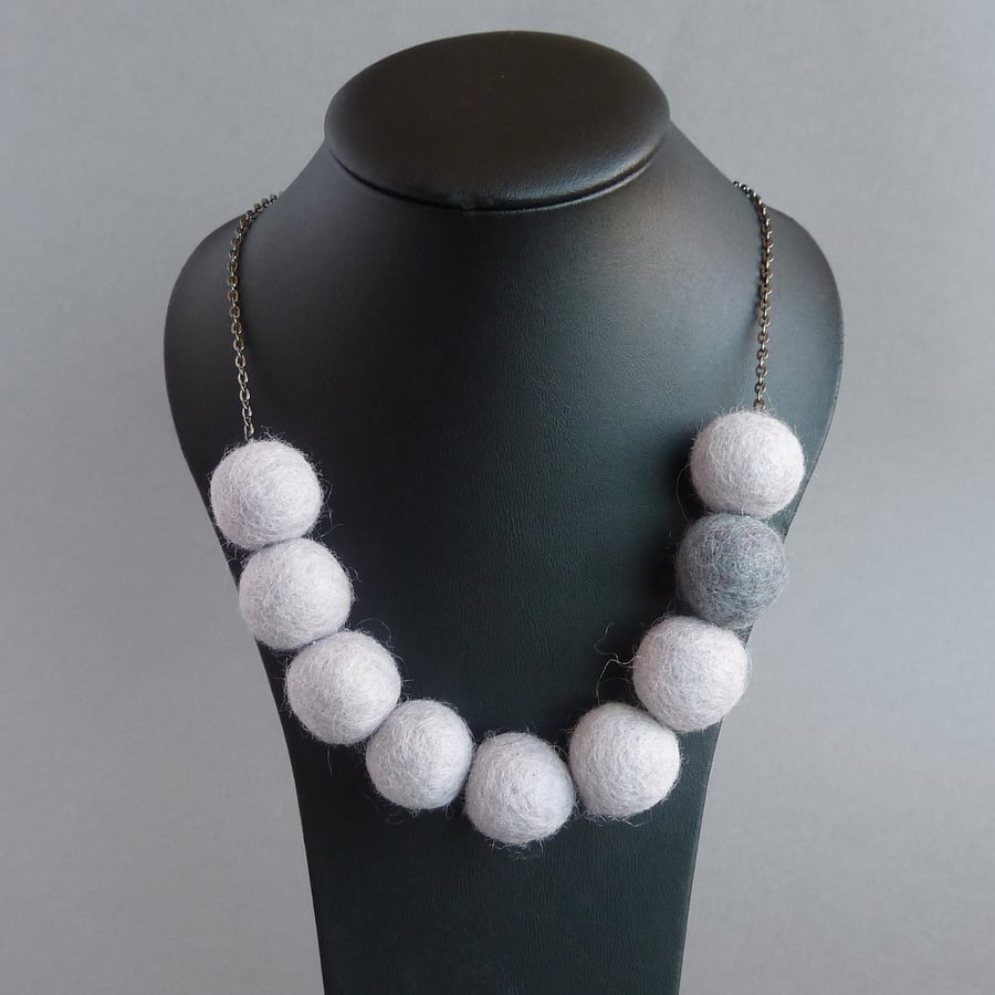 Light Grey Felt Necklace - Chunky Silver Grey Jewellery - Dove Grey Felted Gifts