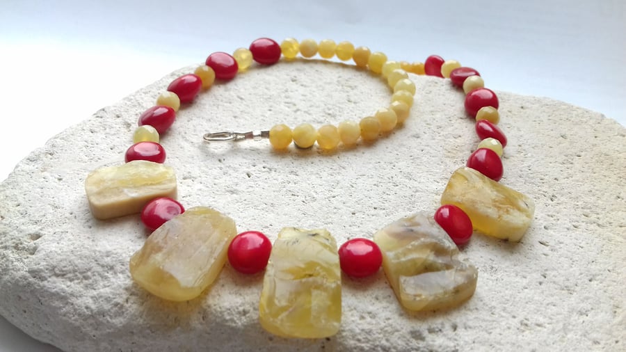 Yellow Opal and Bamboo Coral Necklace 