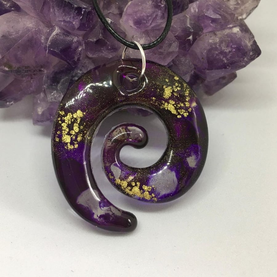 Purple and gold swirl large statement pendant and black cord chain.