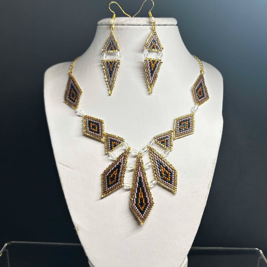 Phoenix Seed Bead and Crystal Necklace and Earrings set handmade
