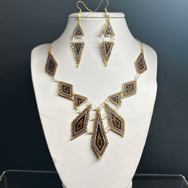 Phoenix Seed Bead and Crystal Necklace and Earrings set handmade