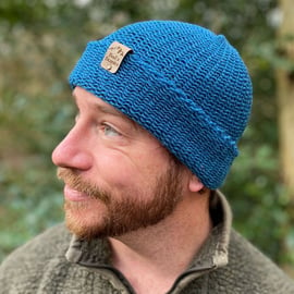 Fishermans style beanie hat in waterfall (Cobalt Blue) wool (unisex)