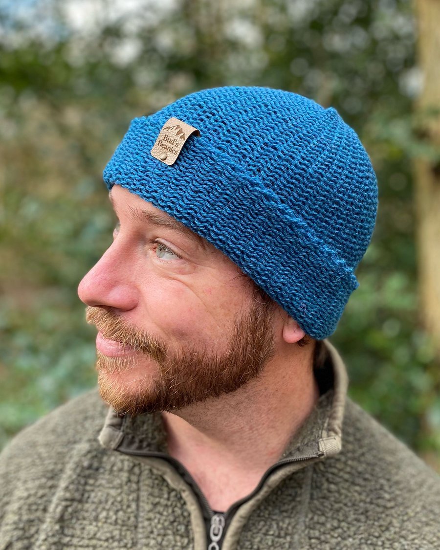 Fishermans style beanie hat in waterfall (Cobalt Blue) wool (unisex)
