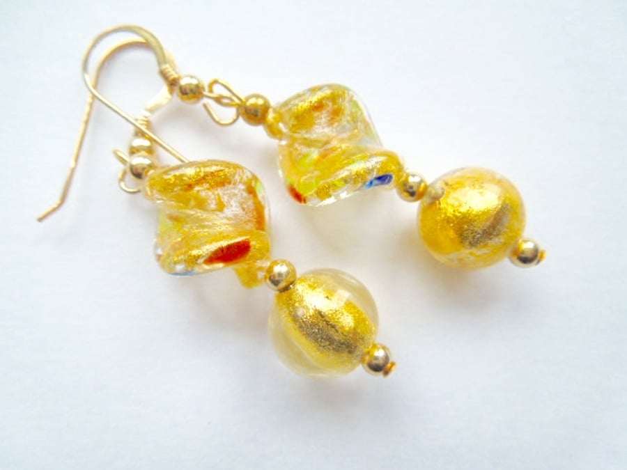 Murano glass gold twist drop earrings with gold filled hooks.