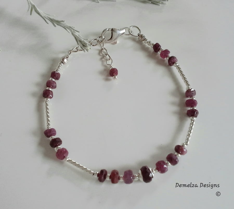 Natural African Ruby Noodle Sterling Silver Bangle -Bracelet 