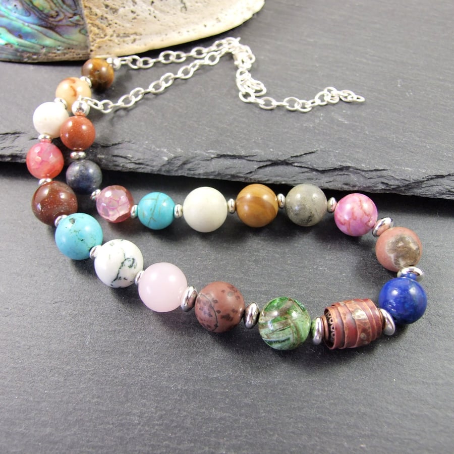 Mixed Gemstone and Sterling Silver Necklace with Handcrafted Artisan Copper Bead