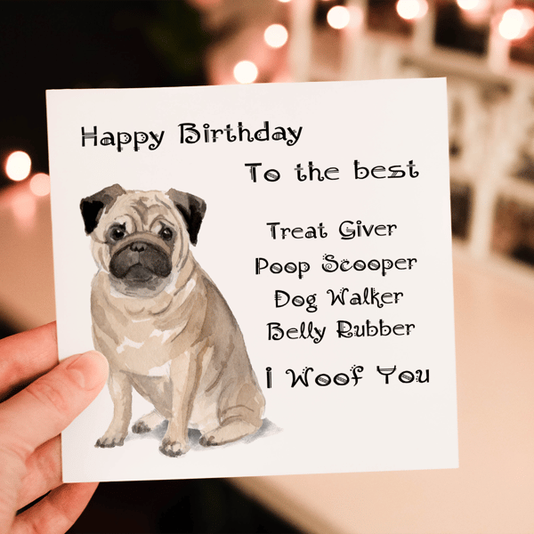 Pug Dog Birthday Card, Dog Birthday Card, Personalized