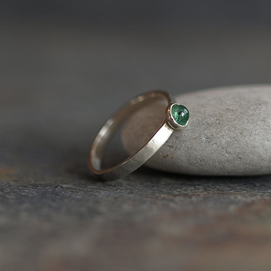 Emerald Ring with Slim Hammered Sterling Silver Band