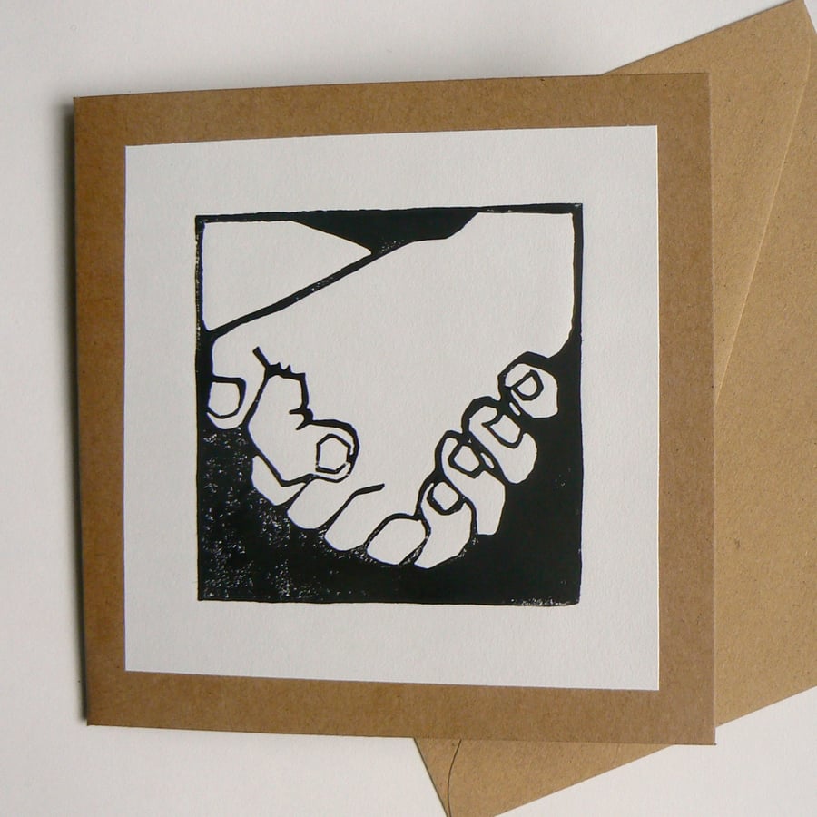 Holding hands, hand printed linocut card