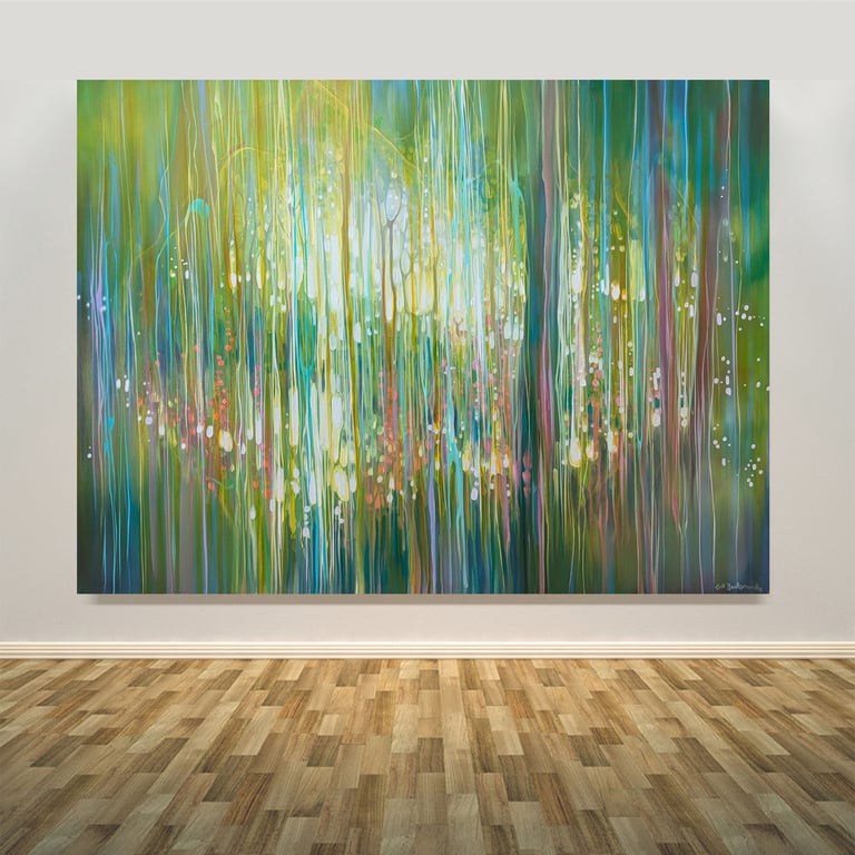 Finding a Melody is a vibrantly coloured green abstract oil painting 