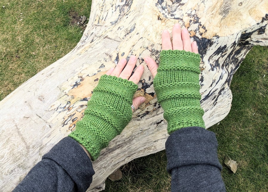 Fingerless gloves, arm warmers, green women's wrist warmers, knitwear UK