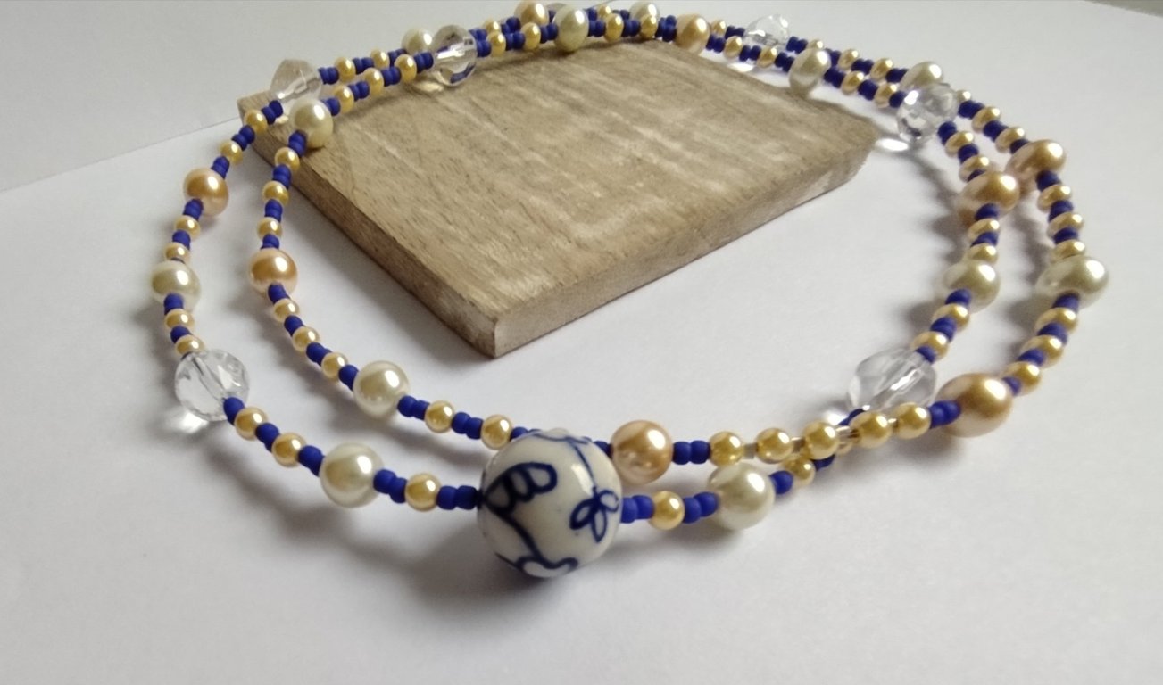 Ceramic Bloom Blue & Gold Floral Necklace