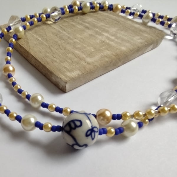 Ceramic Bloom Blue & Gold Floral Necklace