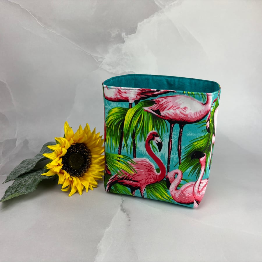 Flamingos fabric basket, Tropical storage bin, Handmade
