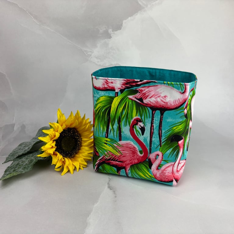 Flamingos fabric basket, Tropical storage bin, Handmade