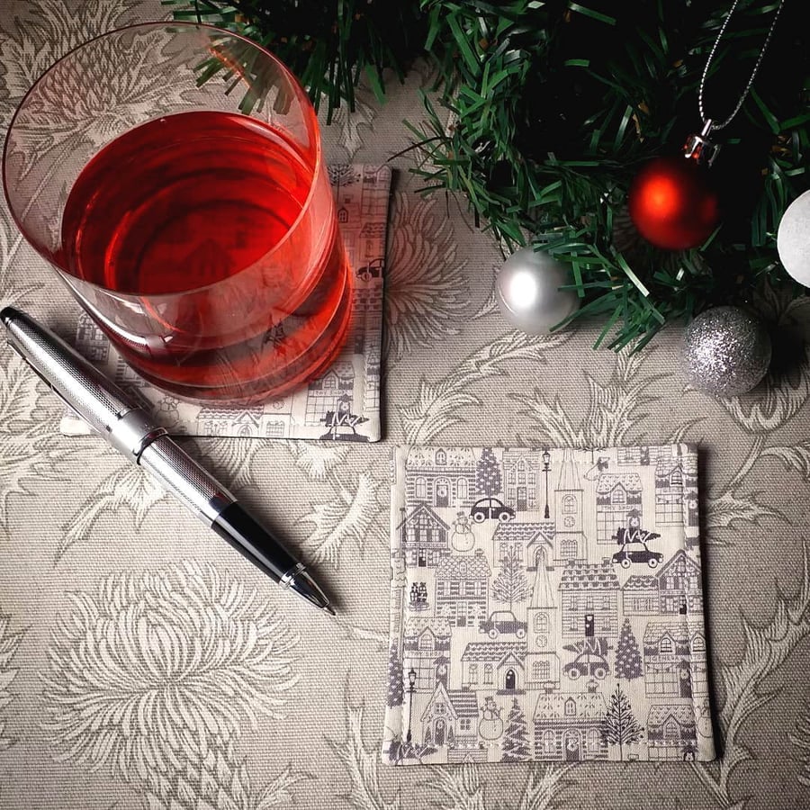 Square Coaster Set - Winter Village Christmas Design