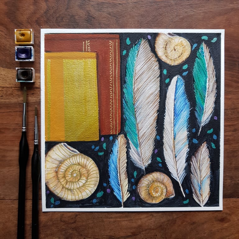 Feathers, snails and books original artwork 
