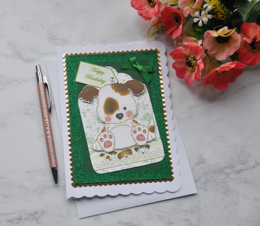 Dog Birthday Card Happy Birthday Patch the Puppy Dog Green Glitter Card